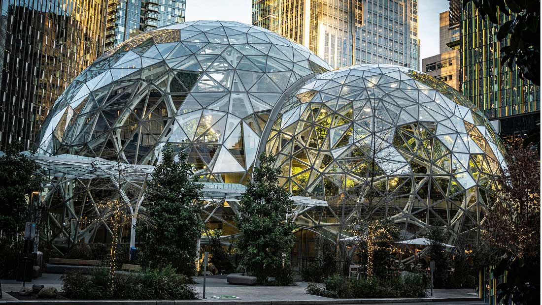 Two glass geodesic domes surrounded by trees and tall city buildings, with sunlight reflecting off the geometric patterns of the glass structures.