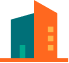 Simple illustration of a building with two sections: a teal part with a door and an orange part with three yellow windows.
