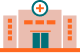 Simple illustration of a hospital building with a circular medical cross symbol above the entrance and orange and teal color accents.
