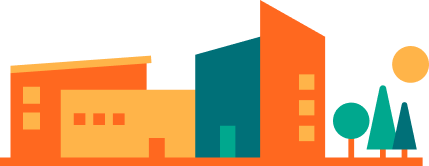 Colorful, cartoonish color of city buildings with trees and a sun