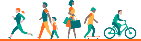 Colorful, cartoonish picture of pedestrians and byciclists